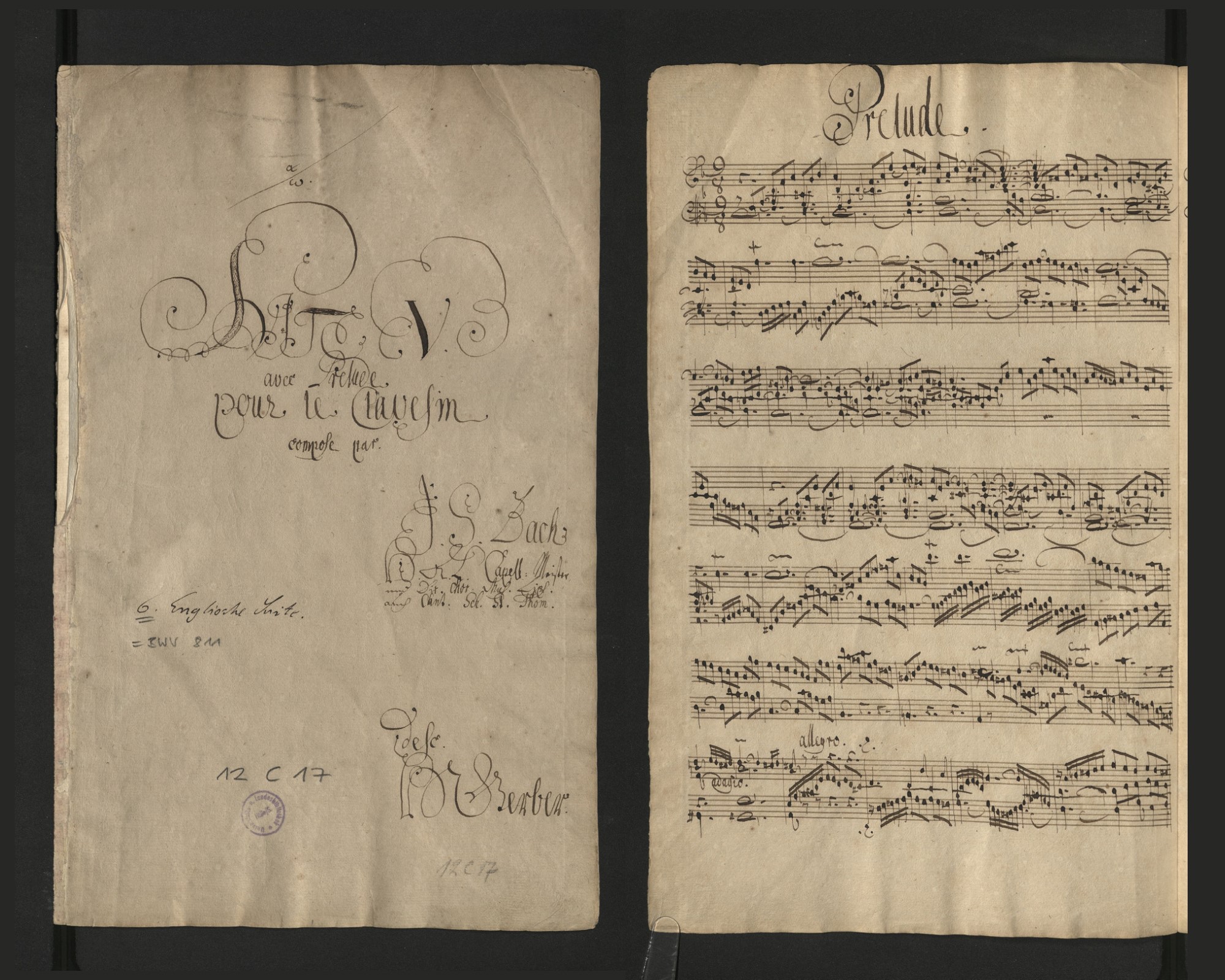 Title page and first page of music of the English Suite in D minor, BWV 811